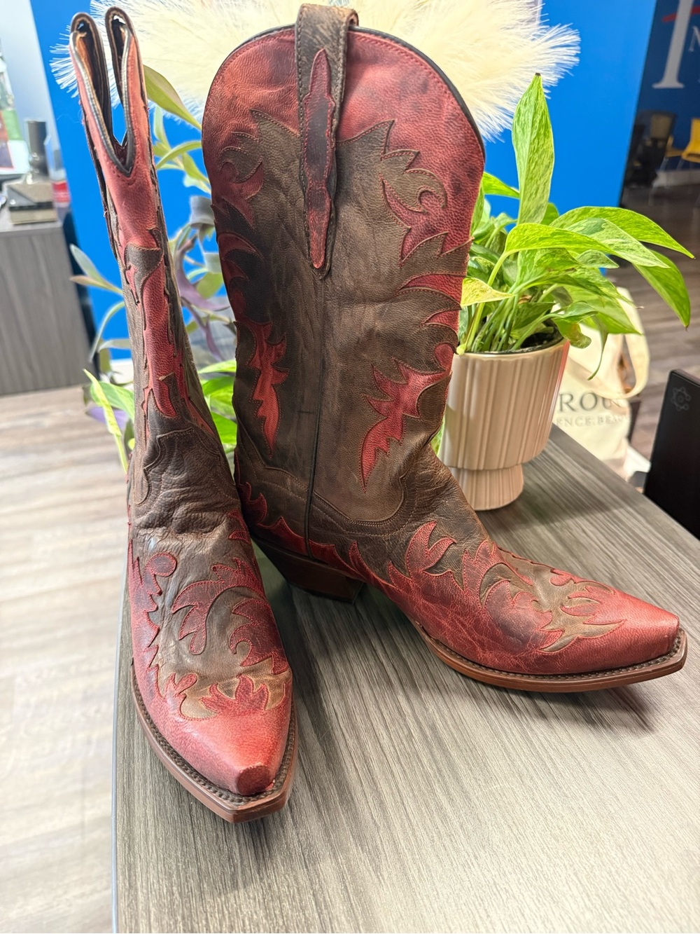 Dan Post Red and Brown Overlay Leather Western Heeled Boots